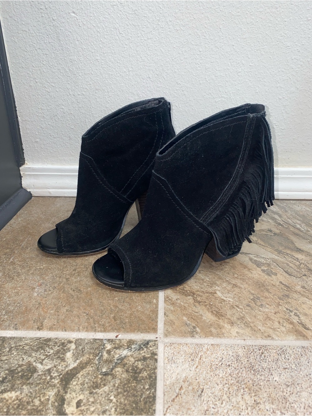 GB Black Suede Peep-Toe Fringe Ankle Booties